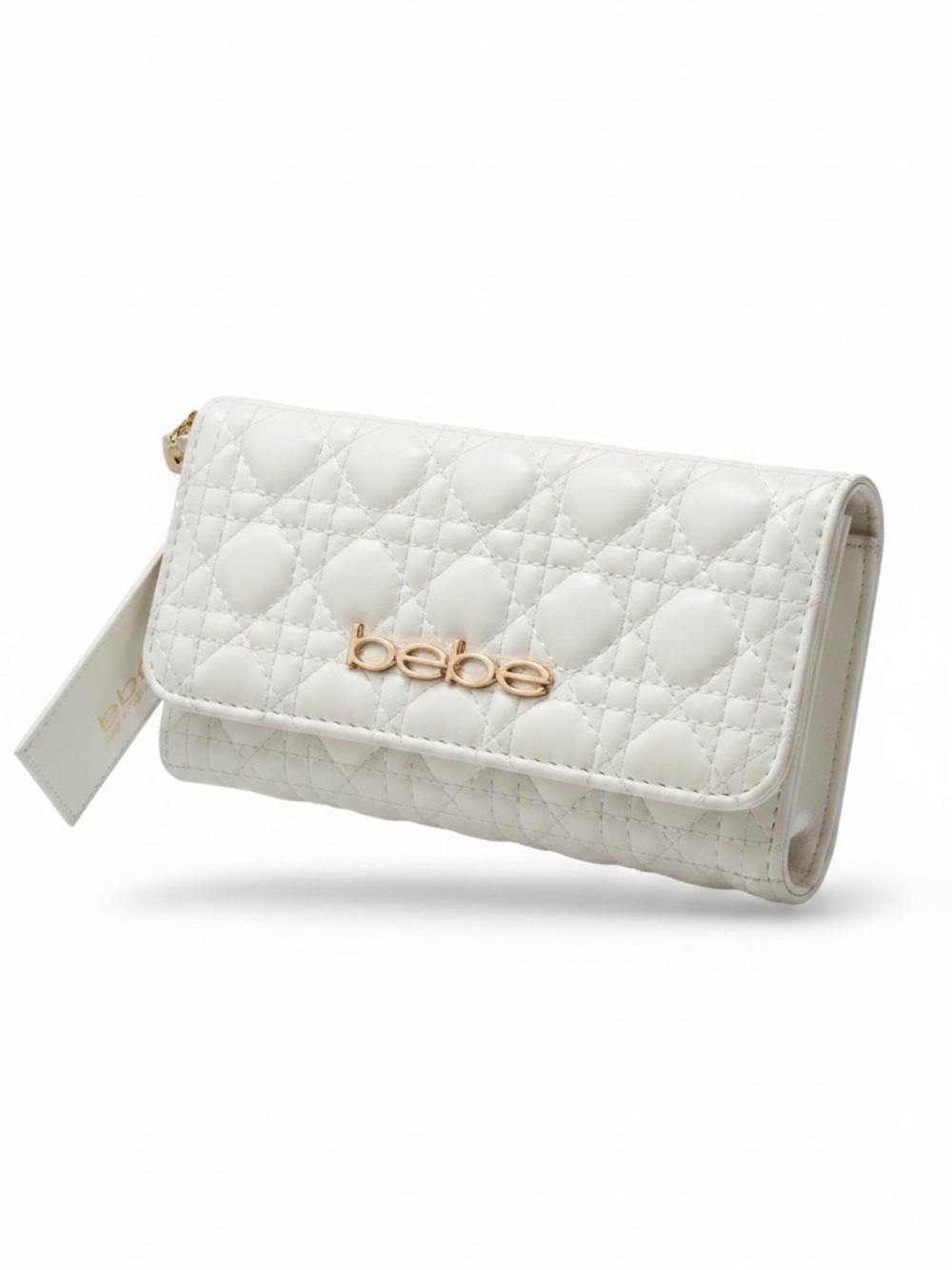 bebe Quilted Wristlet Wallet in White with Gold Logo